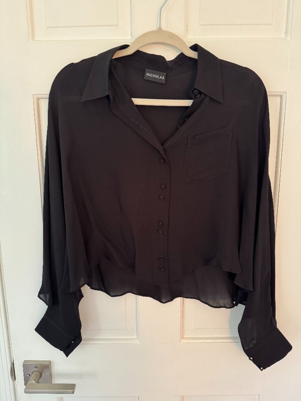NICHOLAS Black Silk Cropped Blouse - Dramatic Split Cape Sleeves - BNWOT M
